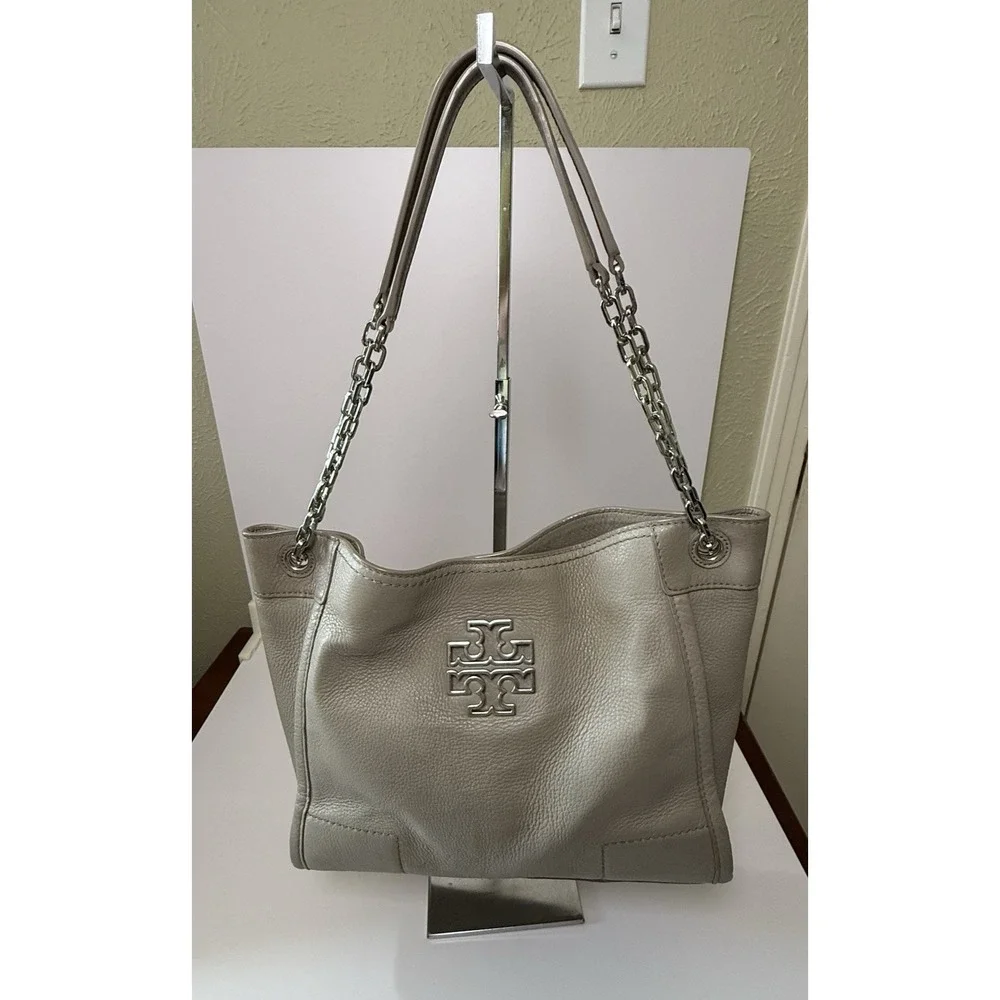Tory Burch French Gray Pebbled Leather Chain Strap Shoulder Bag Tote